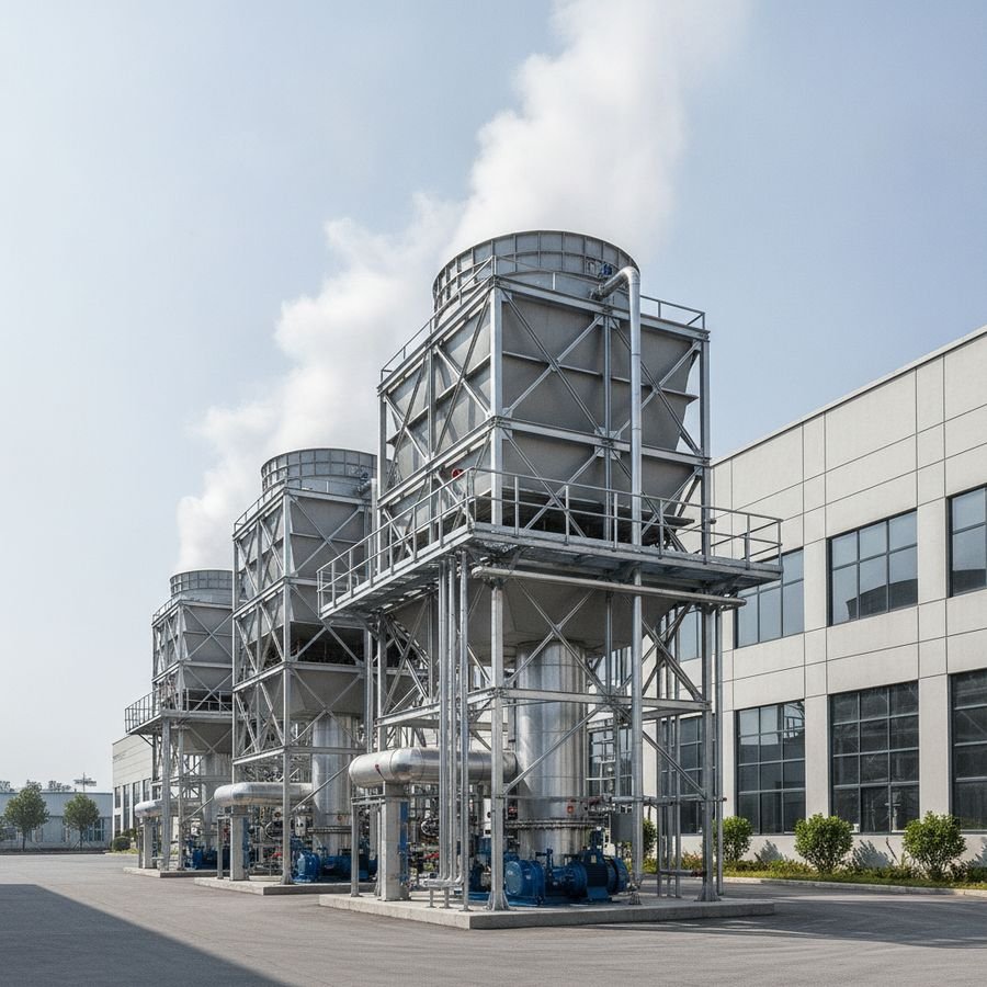Large outdoor cooling towers beside a factory with piping, pumps, and a bright clear sky.