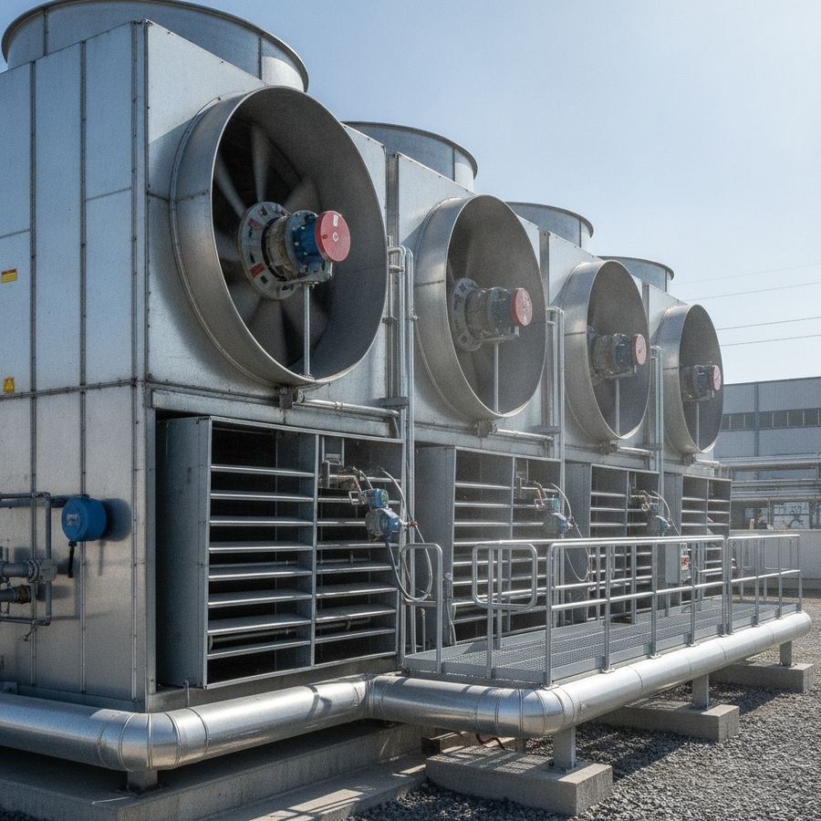 Cooling tower fan sections with metal dampers, piping, and platforms in clear daylight.