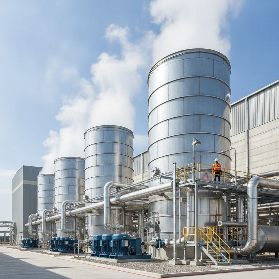 Large outdoor cooling towers with connected pipes and light vapor beside an industrial building in daylight.