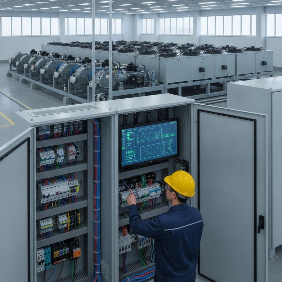 Compresores industriales y armario de control mientras un técnico supervisa la operación automatizada.