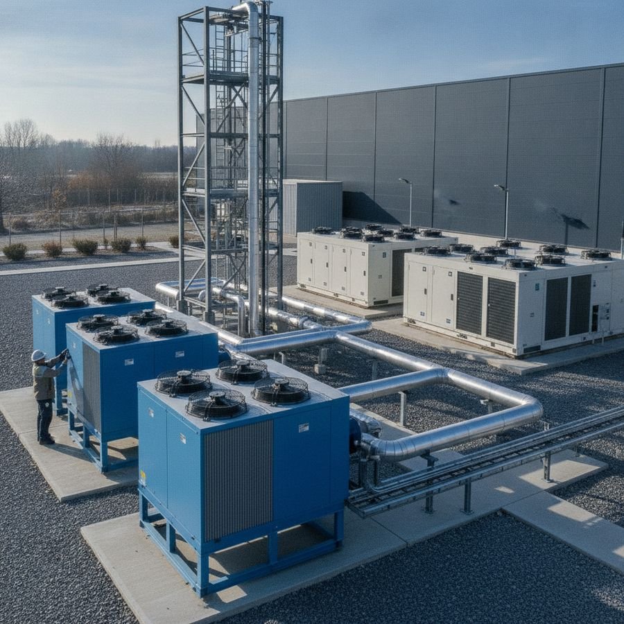 Outdoor chiller units connected to insulated piping and a free cooling section in a tidy plant yard.