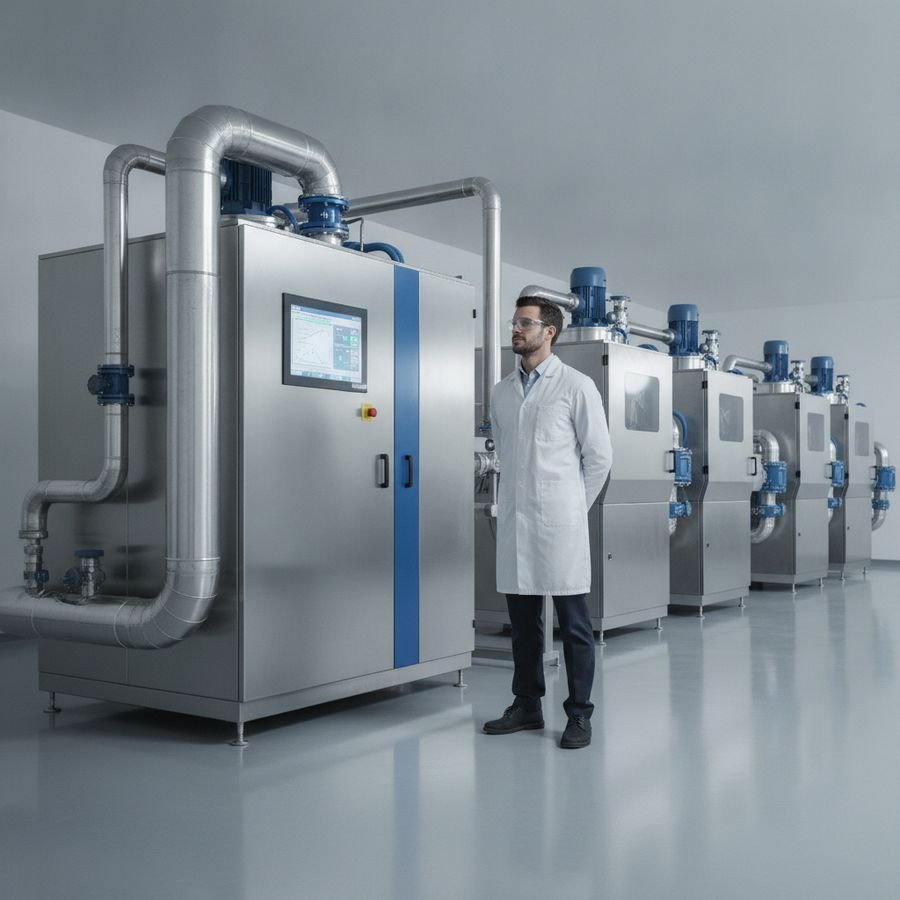 Tecnico accanto a un'unità di termoregolazione collegata a una linea industriale luminosa e ordinata.